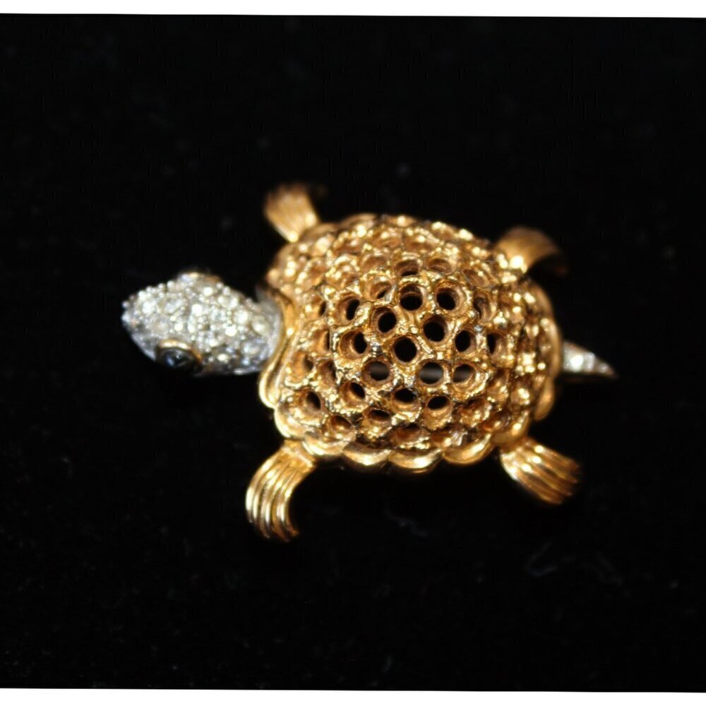 Vintage Turtle Brooch Rhinestone & Black Stone Signed Jomaz 9.8g Handmade unique - Picture 7 of 10